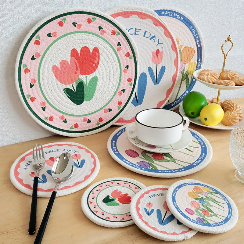 

Round Cotton Thread Coasters Tulip Print Woven Desktop Heat Insulation Anti-scald Mats Household Creative Non-slip Coaster