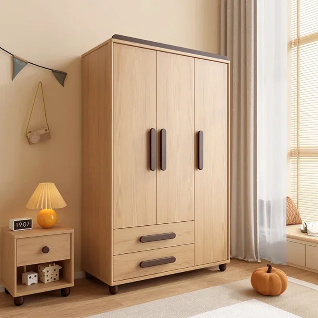 Children's Wardrobe Solid Wood Bedroom house hold Modern Simple Small Apartment Wardrobe Double Three-door