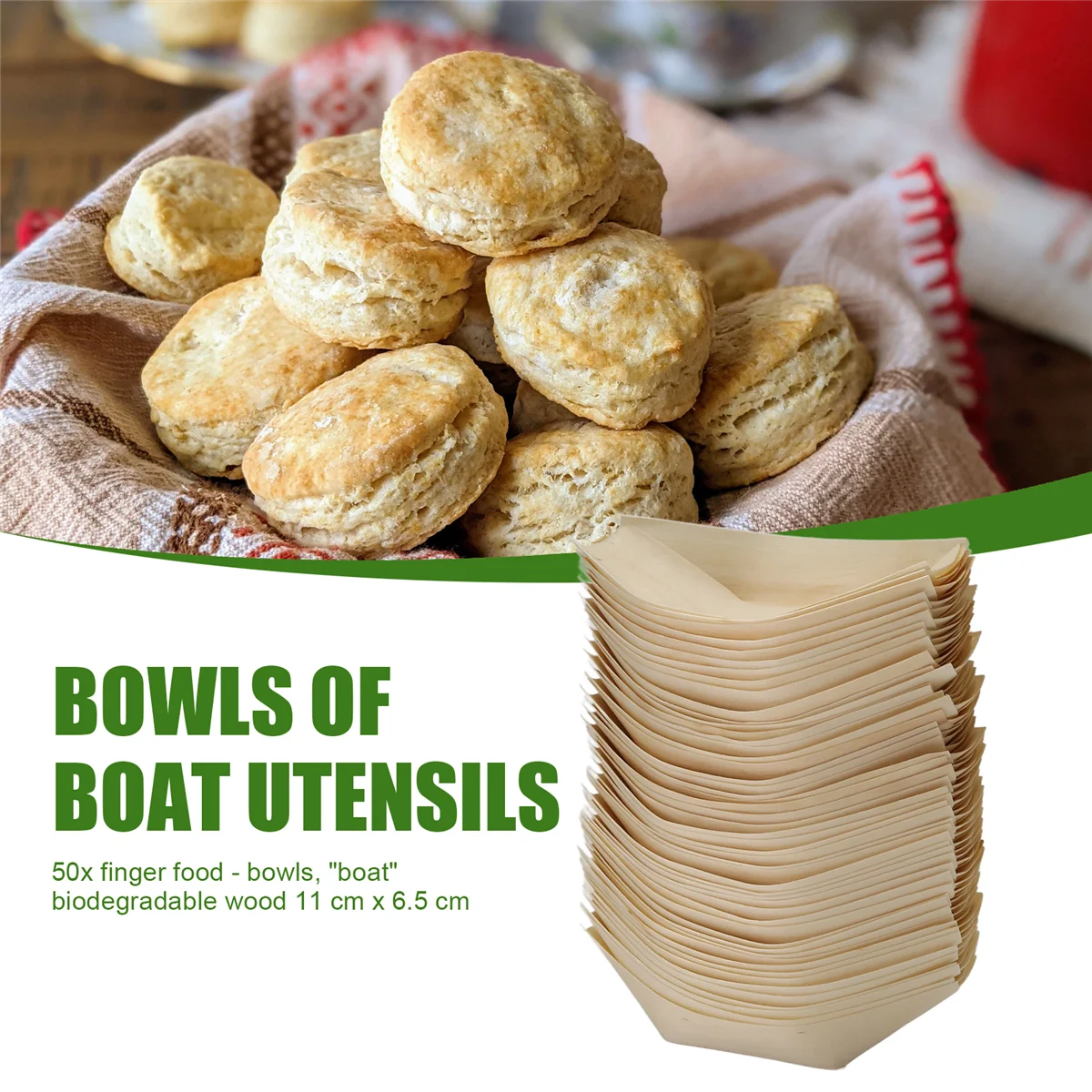 ABNP 50x finger food - bowls, "boat" biodegradable wood 11 cm x 6.5 cm