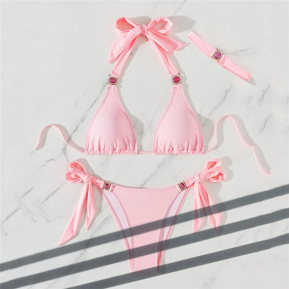 Pink Crystal Luxury Swimwear Women Halter Triangle Thong Micro Bikini Set Sexy Swimsuit Women 2025 Knotted Bathing Suit Bikini