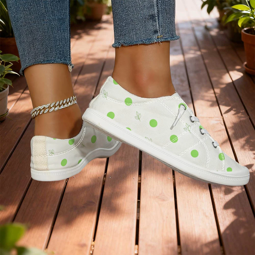 White Base Green Polka Dot & Leaf Print Low Top Casual Shoes For Women Lace Up Soft Sole Breathable Daily Walking Shoes view 5