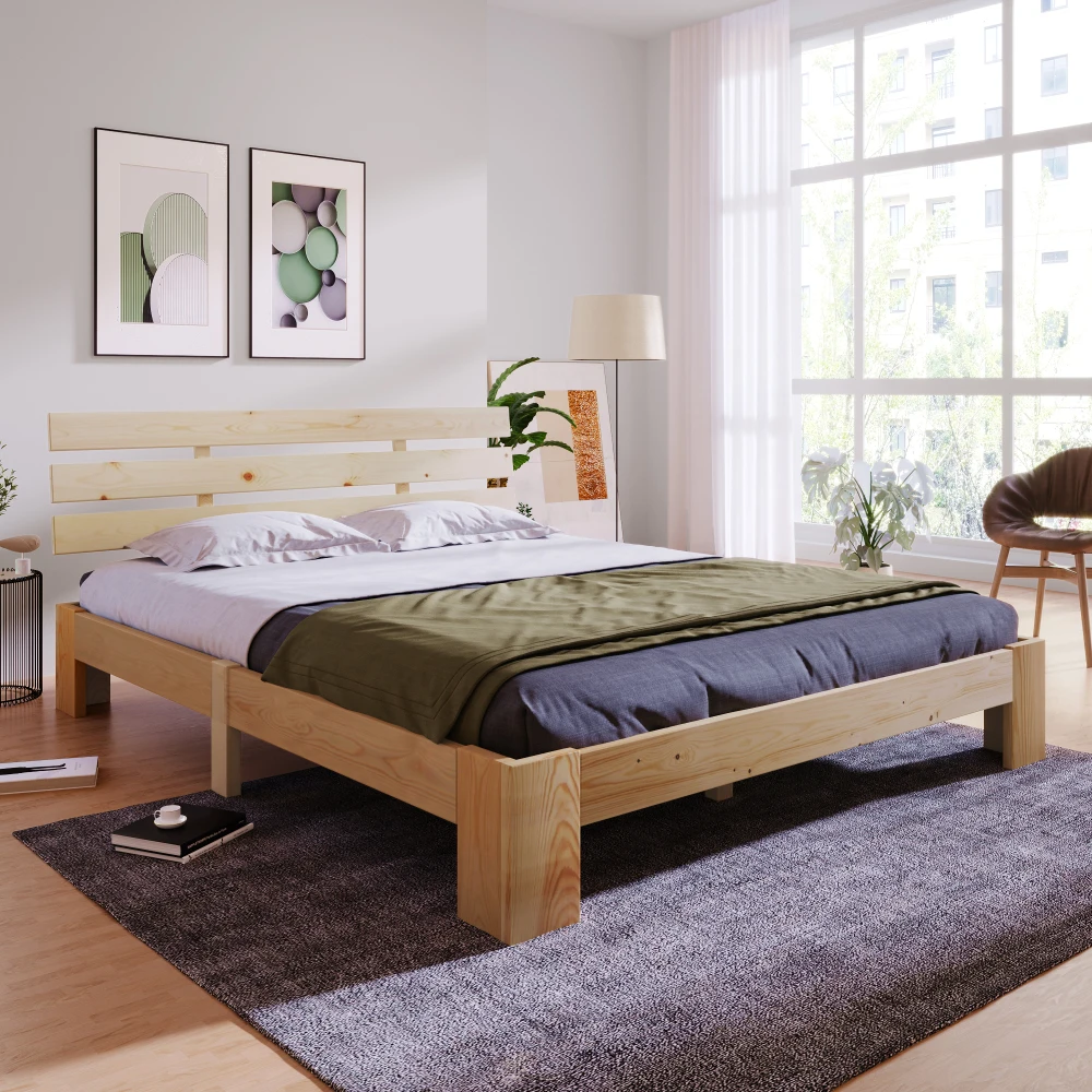 Holzbett, Doppelbett mit Kopfteil des Bettrahmens mit Schieferrost, 200 x 140 cm, Massivholz-Doppelbett, kann als Bett aus Kiefernholz verwendet werden
