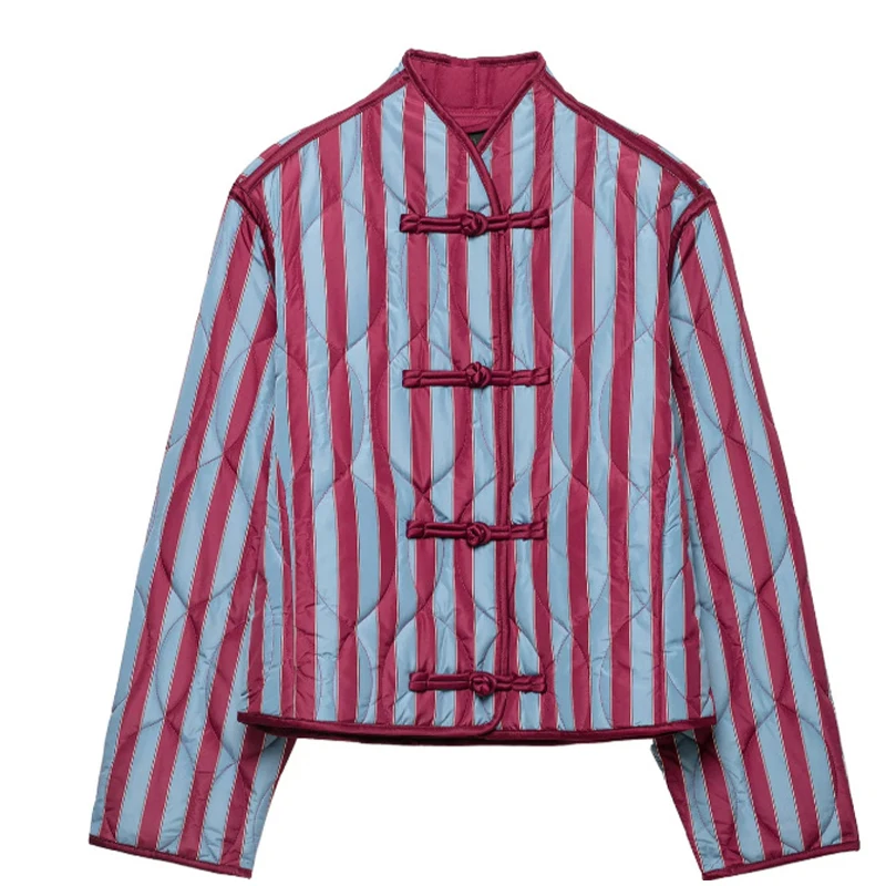  Casual Stripe Padded Coats Women's Stand Collar Long Sleeve Loose Warm Frog Buttons Quilted Jackets 2026 New Lady Outerwear