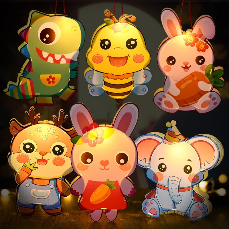 Mid-Autumn Festival LED Lantern PVC Luminous Lantern Kids DIY Handiwork Material Cartoon Animal Lamp For Festival Party Ornament
