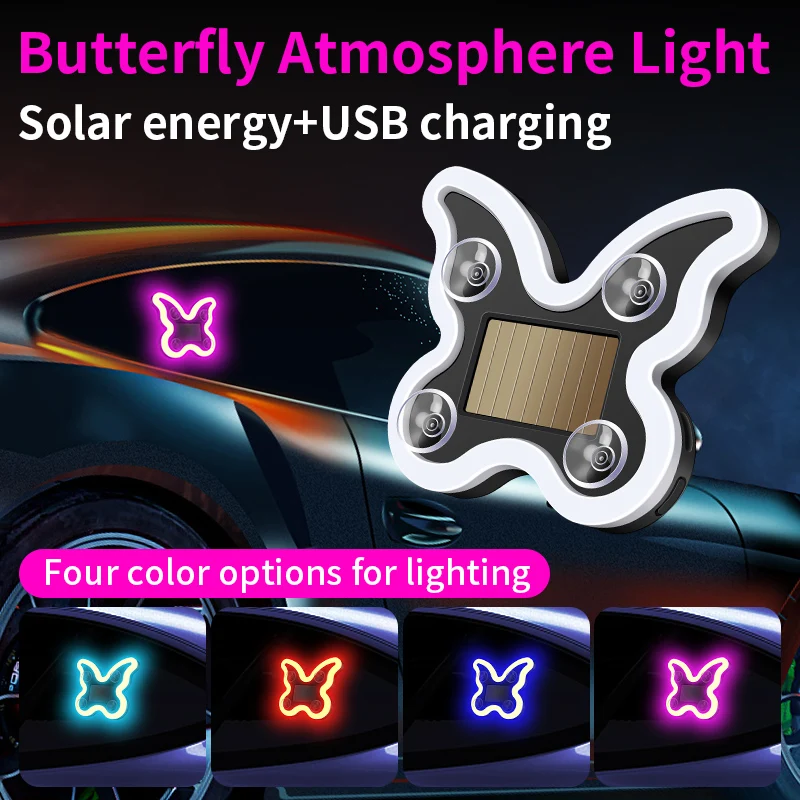 Universal Car LED Ambient Light Solar Powered Butterfly Type Dynamic Gradient RGB Atmosphere Lamp for Interior Night Decoration