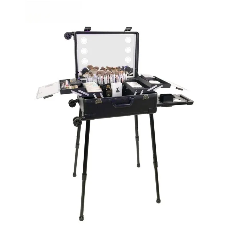 Cosmetic Case Professional Follow-up Artist with Lamp with Mirror Bracket Special Trolley Case for Makeup Artist 24 Inches