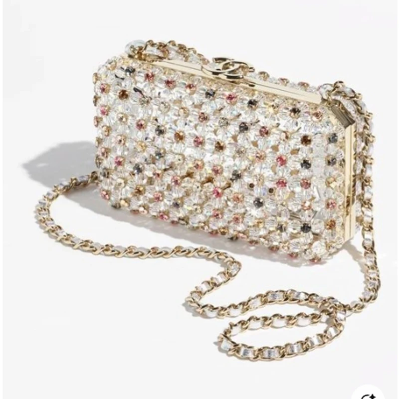

Advanced Texture Banquet Party Clip Bags New Beaded Handheld Diamond Inlaid Ins Shiny Chain Crossbody Women's Small Square Bag