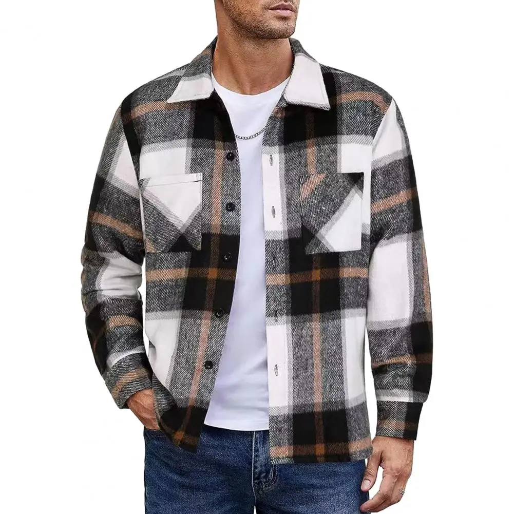 

Men Vintage Shirt Jacket Plaid Print Shirt Coat Stylish Men's Lapel Long Sleeve Jacket with Pockets A Warm for Autumn/winter