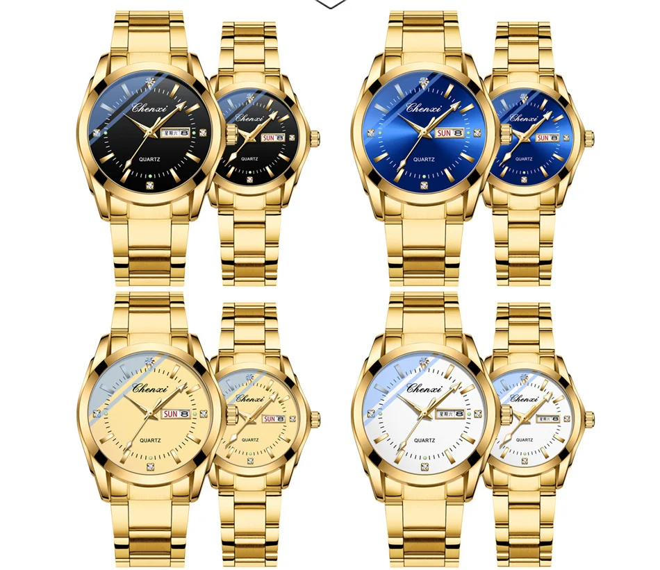 CHENXI 022G Couple Quartz Watch for Women Men Diamond Stainless Steel Date Lover Simple Leisure Fashion Gold Clock Wristwatch