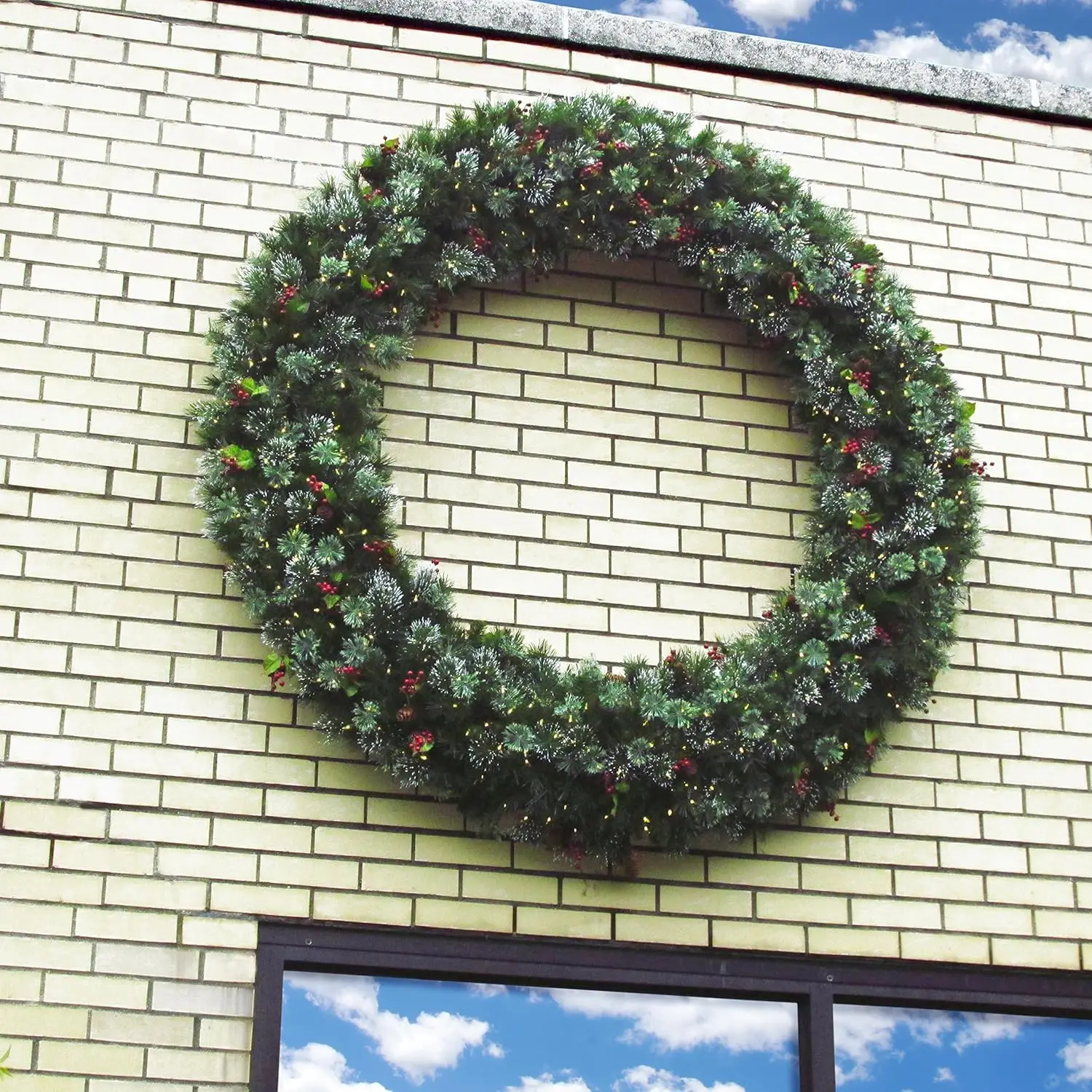 Artificial Christmas Wreath, Green, Wintry Pine, White Lights, Decorated with Pine Cones