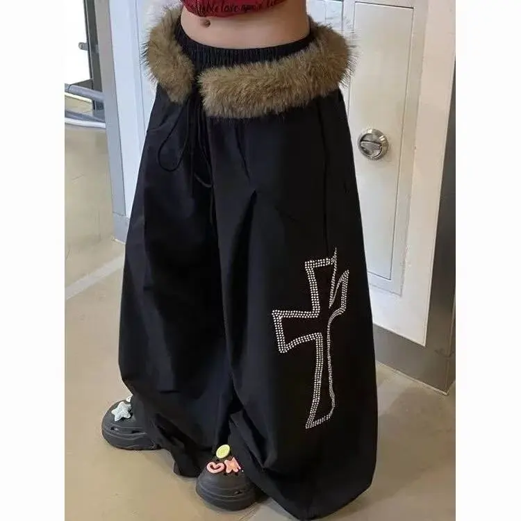 

Fall Winter plus Size Casual Pants with Detachable Fur Collar Rhinestone Cross Wide Leg Men's High Waist Straight Leg Long Pants