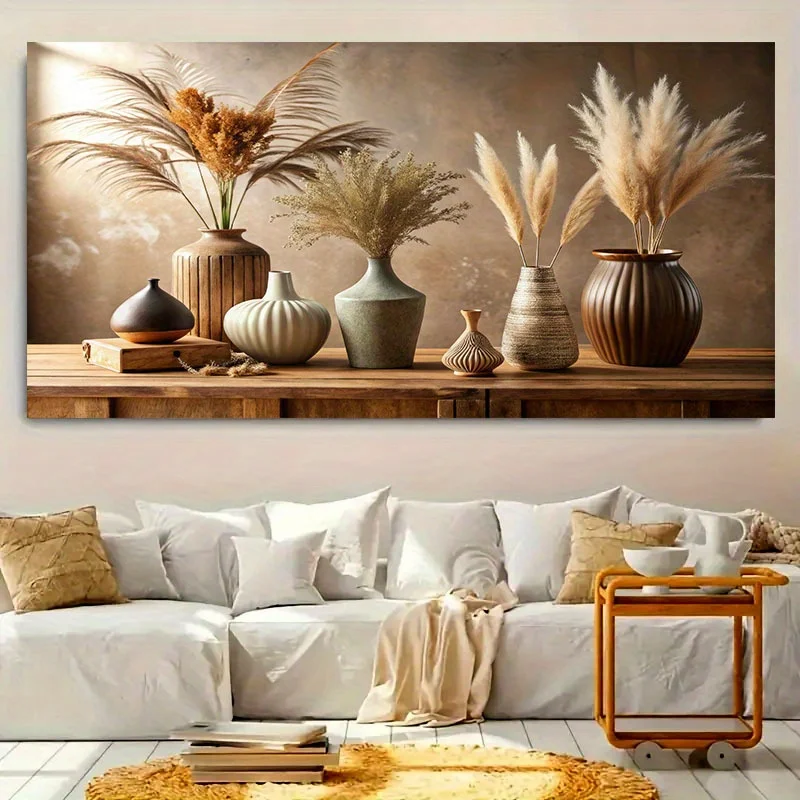 

Large Frameless Canvas Art Print Vintage Pottery Floral Design for Modern Farmhouse Decor, Horizontal Orientation Canva Wall Art