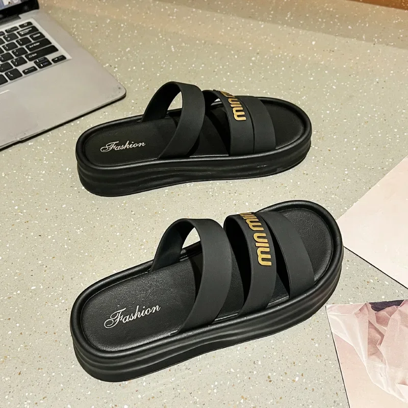 

Summer Women Simple Thick Bottomed Open-toe Beach Slippers Outdoor Round Toe Sandals Versatile Anti-skid Slides Shoes Flip Flops