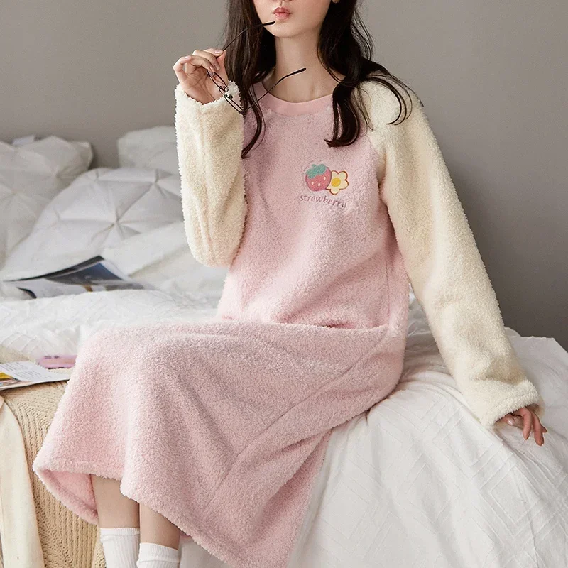 2022 Winter Thick Warm Flannel Long Sleeve Nightgowns for Women Coral Velvet Long Dress Sleepwear Night Dress Nightdress Nighty