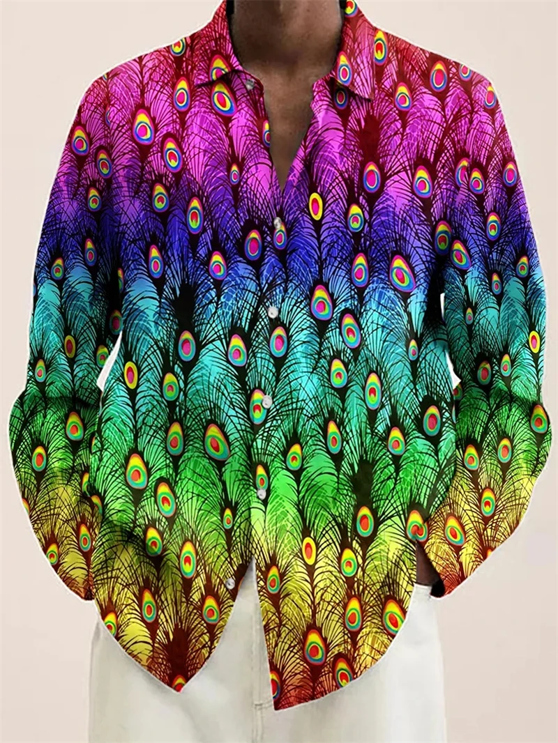 Camisas con estampado 3D de plumas de pavo real para Hombre y mujer, ropa de diseñador, colores informales, camisas hawaianas de manga larga para Hombre