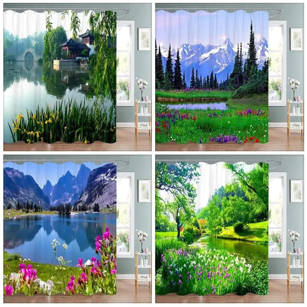 

Nature Landscape Shower Curtain Landscape Plant Flower Landscape Polyester Fabric Washable Shower Curtain Bathroom Decoration