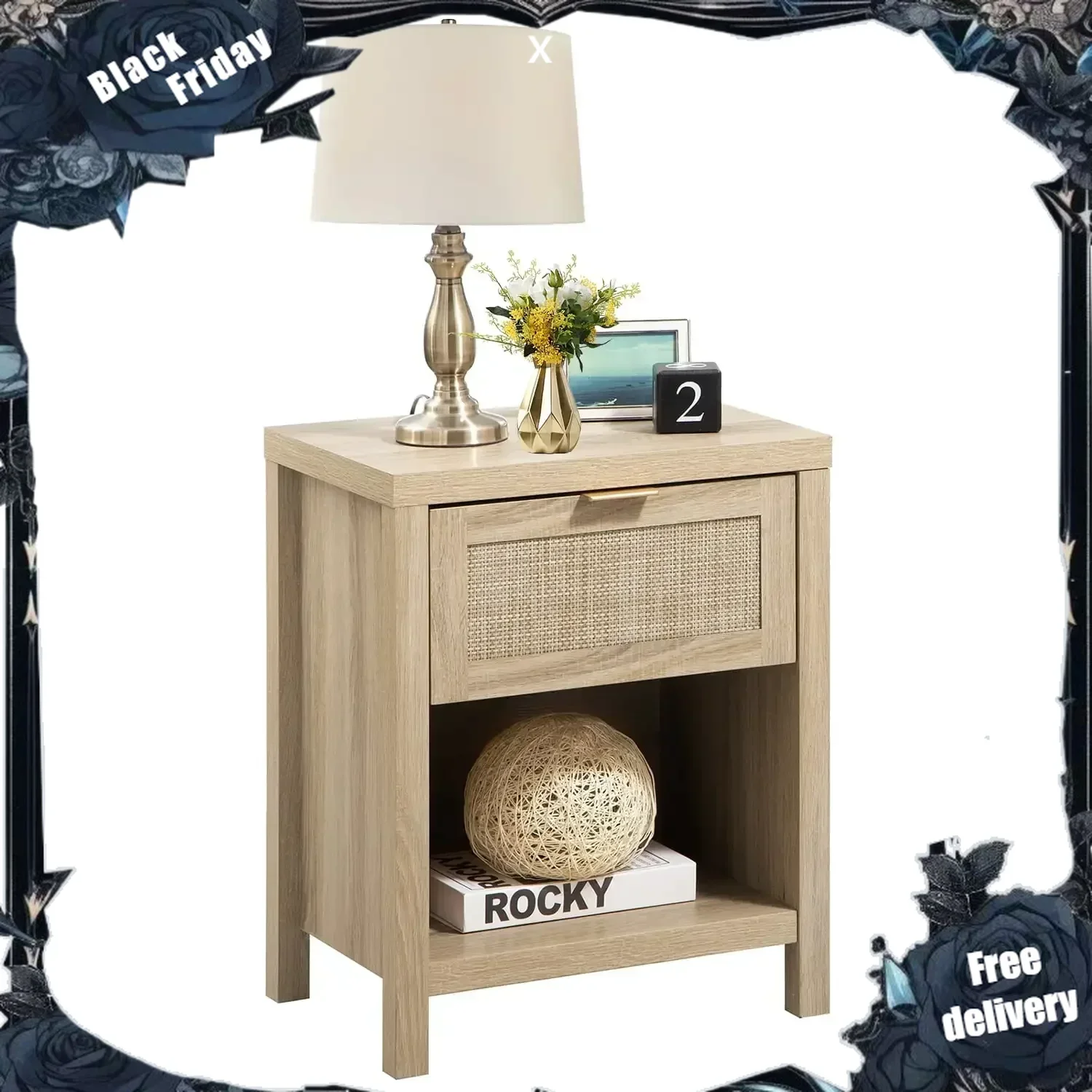 

Rattan Nightstand Bedside Table with Drawer and Storage Shelf, Natural Boho Night Stand End Table Side Table, Nightstands