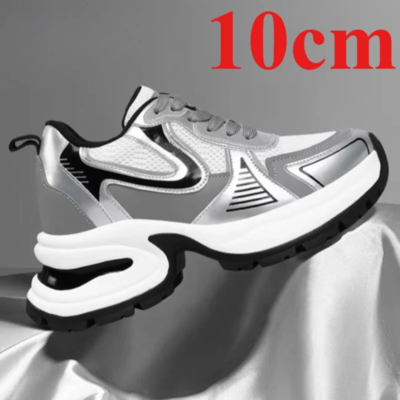 Silvery Dad's Shoes Women's 10cm Elevator Shoes Chunky Sneakers Genuine Leather Thick Sole Height Increasing Casual Sports Shoes