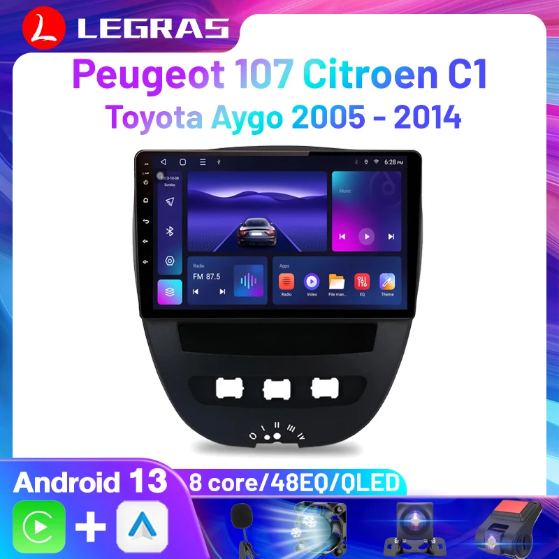 

Android 13, беспроводной автомобильный радиоприемник Carplay Android Auto для Peugeot 107 Toyota Aygo Citroen C1 2005-2014, навигационный мультимедийный плеер