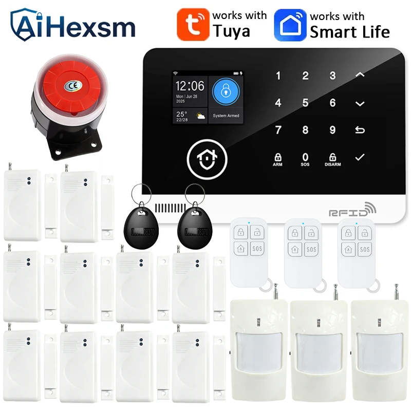 13 Language Switch 2.4G WIFI GSM Alarm System Home Burglar Security Work with Tuya APP Control 433MHZ Siren Motion Detector PIR