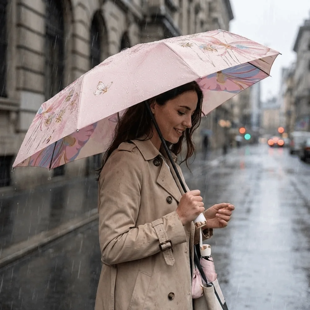 

Зонт от солнца с УФ-защитой, двухслойный, с цветочным принтом, обратного сложения, складной, с чехлом для хранения