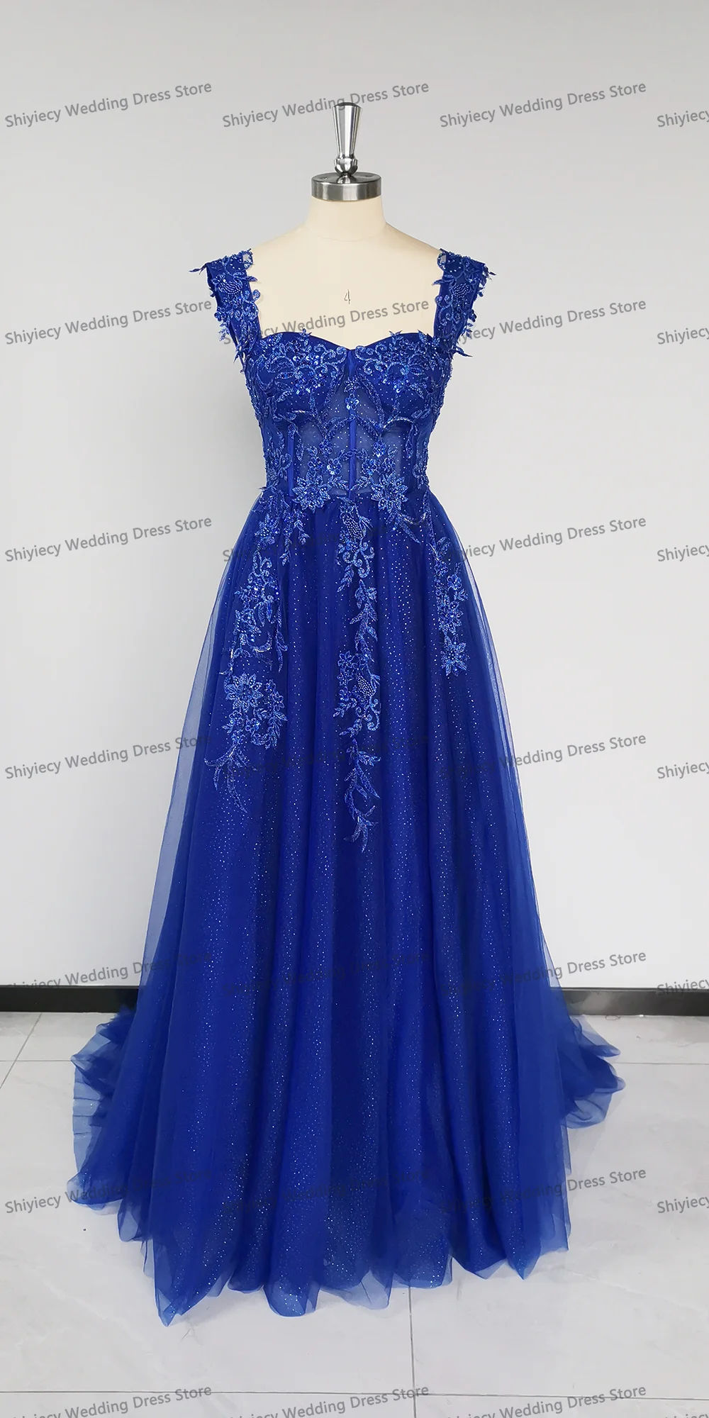 A-line Off the Shoulder Royal Blue Prom Dresses Sequin Appliques Sweetheart Lace Up Party Evening Gowns Wedding Dress With Slit