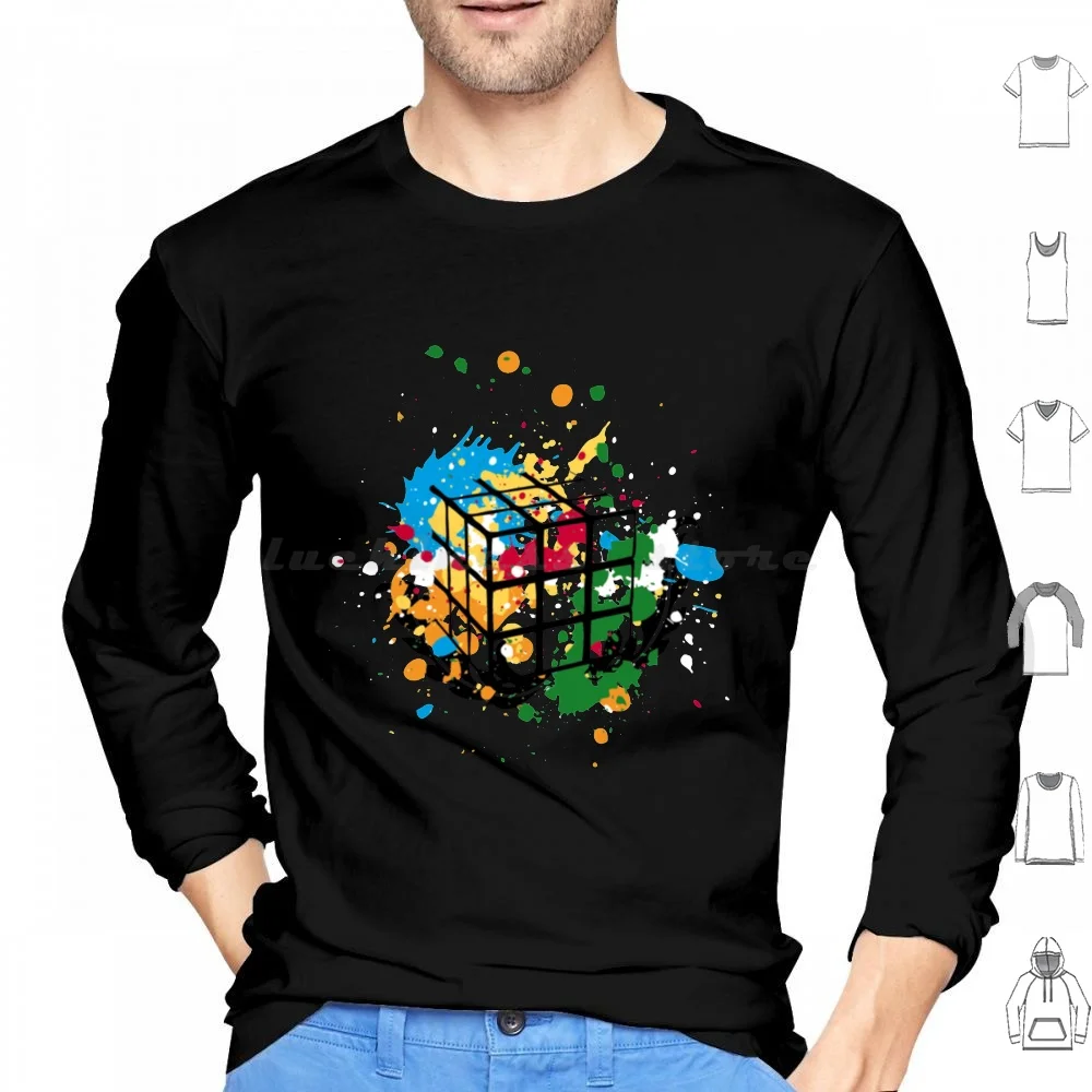 Colourful Splatters Hoodie cotton Long Sleeve Cube Puzzle Cubing Cuber Game Retro 80S Nerd Speedcubing Colorful Geek