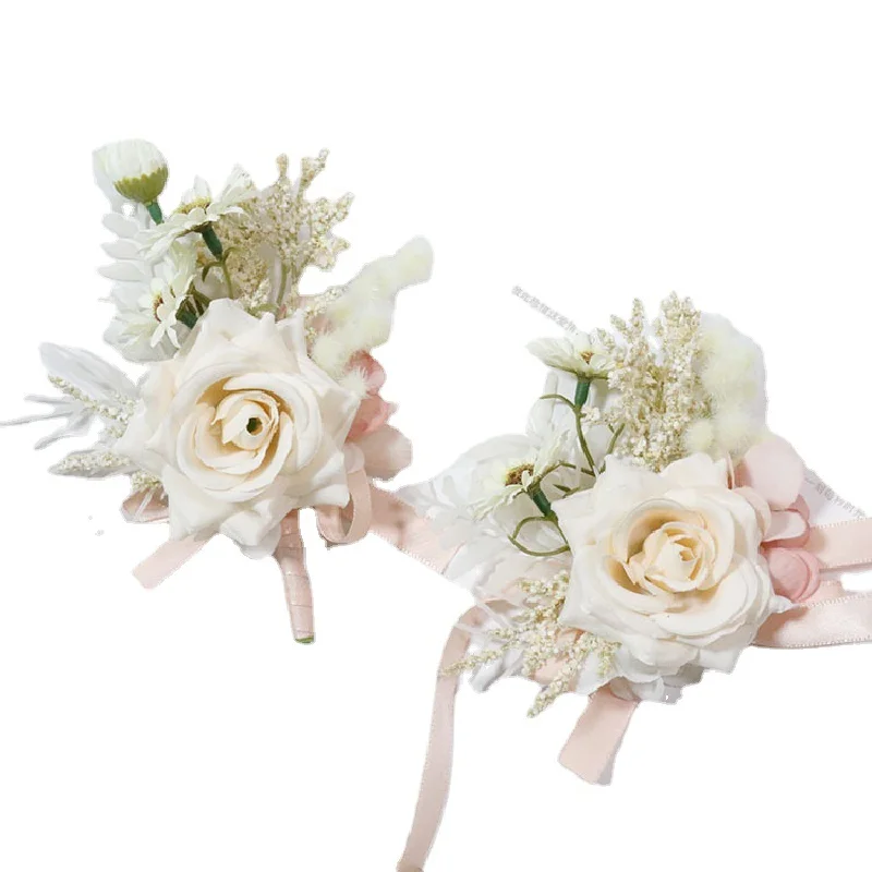 Boutonniere e polso Corsag Wedding Flower Art Business Celebration apertura ospiti fiore a mano rose Champagne 466