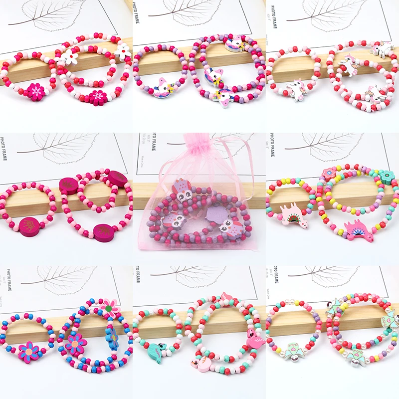 Juego de joyas de cuentas de madera Natural para niños y niñas, collares de animales de dibujos animados, pulseras, regalos de cumpleaños, venta al por mayor, 2 unids/set