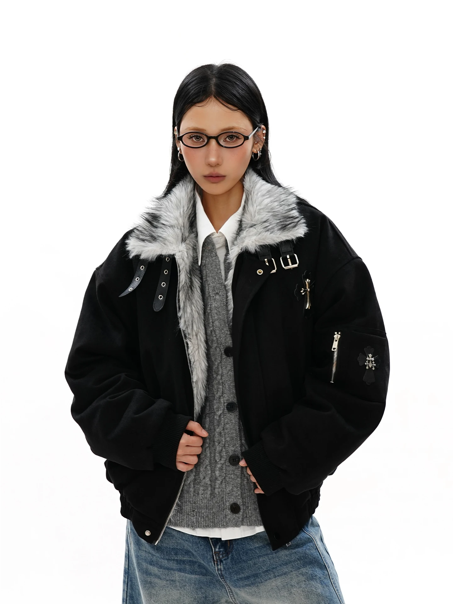 

Зимнее женское пальто S3T5 с утолщенным воротником из искусственного меха, хлопковое, с перекрестным дизайном, теплое, свободного кроя, в уличном стиле