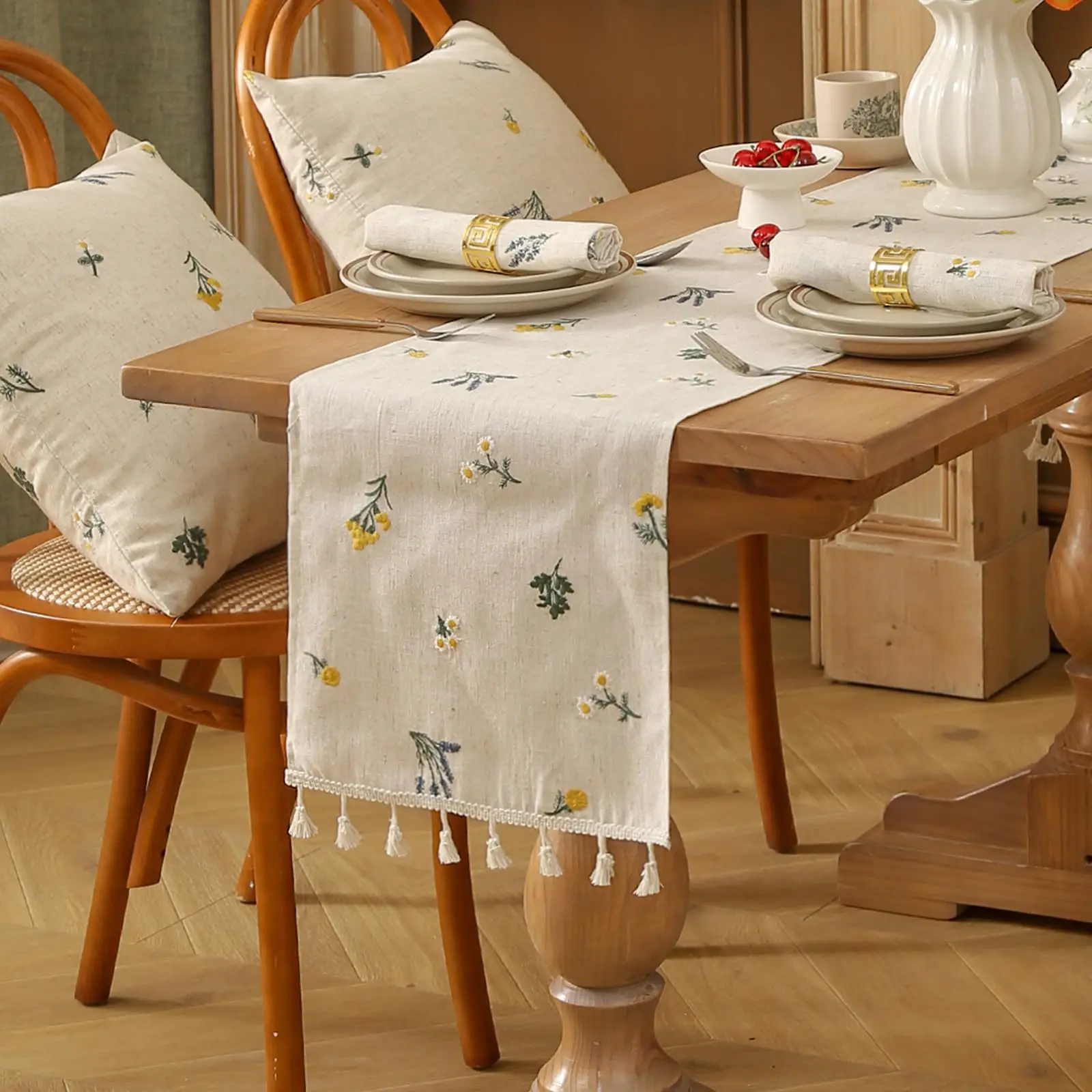 Linen Table Runner with Tassels Boho Daisy Embroidered Flax Beige for Farmhouse Dining Table Buffet Nightstand Decor Home
