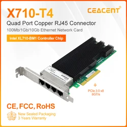 X710-T4 Quad Port RJ45 Connector Intel XL710BM1 Chipset, PCIe 3.0 x8 10Gb Ethernet Server Network Card Low Profile & Full Height