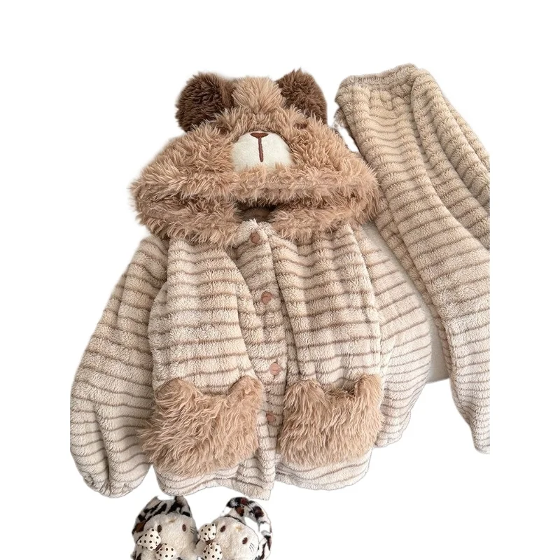 Thickened and Velvet  Winter New Hooded Cartoon Bear Coral Velvet Pajamas Women's Loungewear Set Can Be Worn Outside Pajama Sets