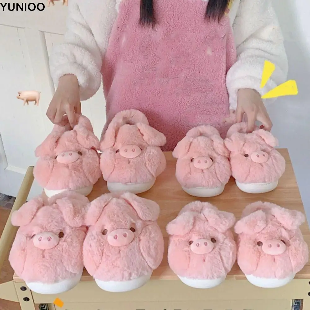

Houseshoes Homewear Pig Plush Slippers Cartoon Anti-slip Winter Warm Slippers Thicken Thick Soled Furry Cotton Shoes Gifts