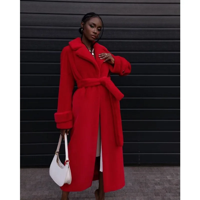 Winter Luxury High-end Long Fur Coat Women Belt Faux Fur Trench Coat Fluffy Furry Soft Warm Thick Fur Outerwear Design Coats