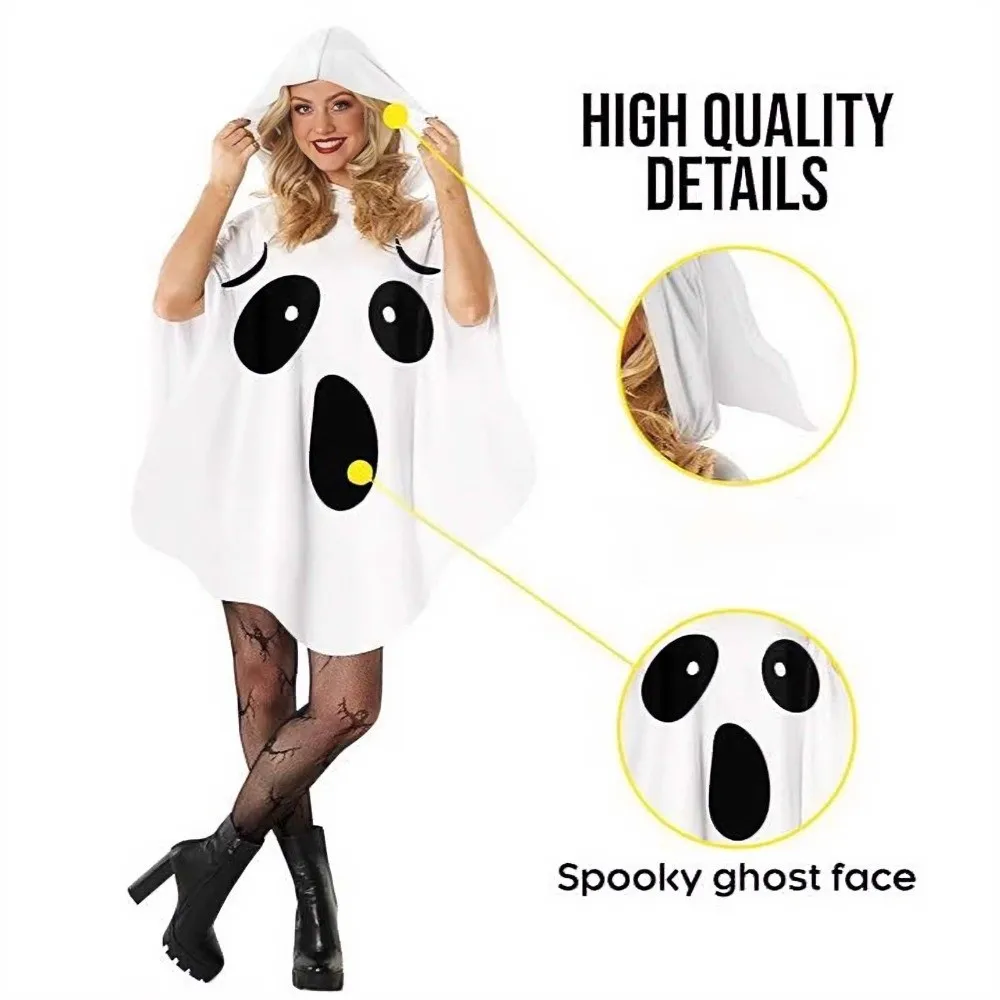 White Halloween Cloak Cape Black Eye Trick-or-Treat Spooky Pumpkin Cloak Fancy Dress with Hat Ghost Poncho Robe Carnival