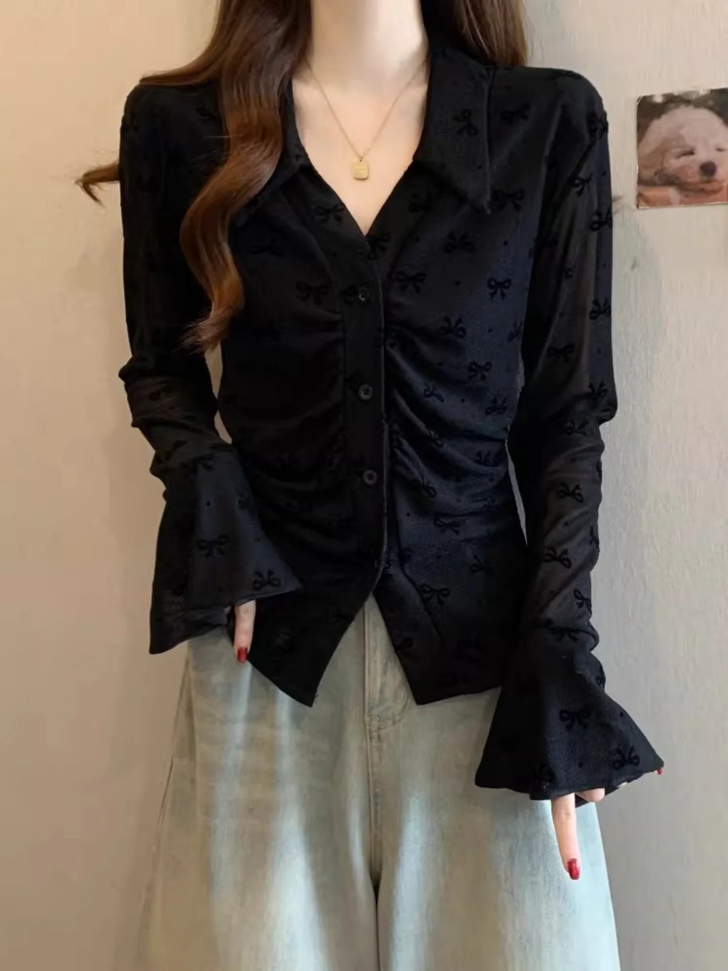 

Bla Bow Tie V-Ne Long Sve irt Women's plus Size Bell Sve Anti-Aging Top Korean Sle Commute Faion Slim Fit