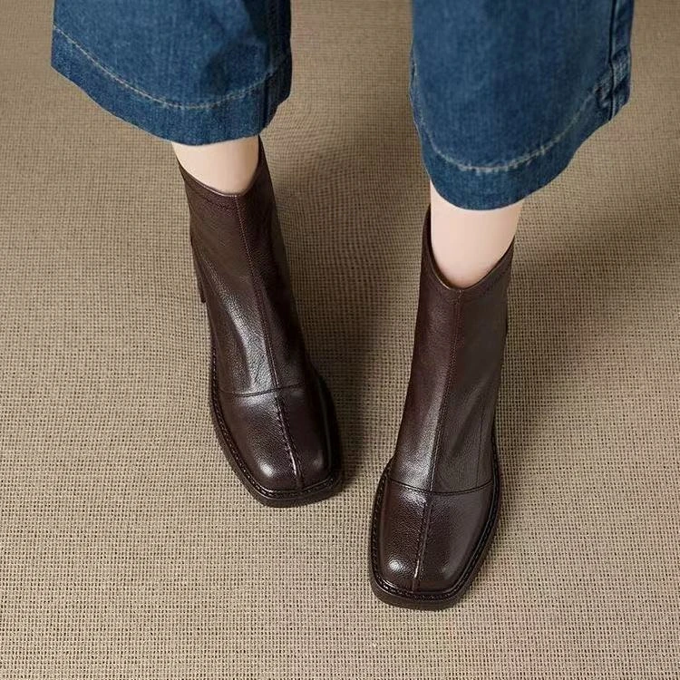 2026 Winter Square Toe Boots Women Warm Fur Lined Leather Ankle Boots British Style Casual Short Booties