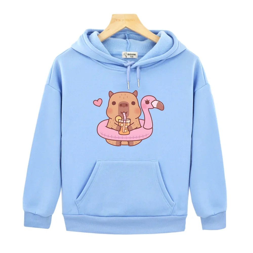 Capybara Loves Drinking Bubble Tea Hoodies Long Sleeve Cartoon Children Sweatshirts Casual Boys Girls Pullovers with Hooded Tops