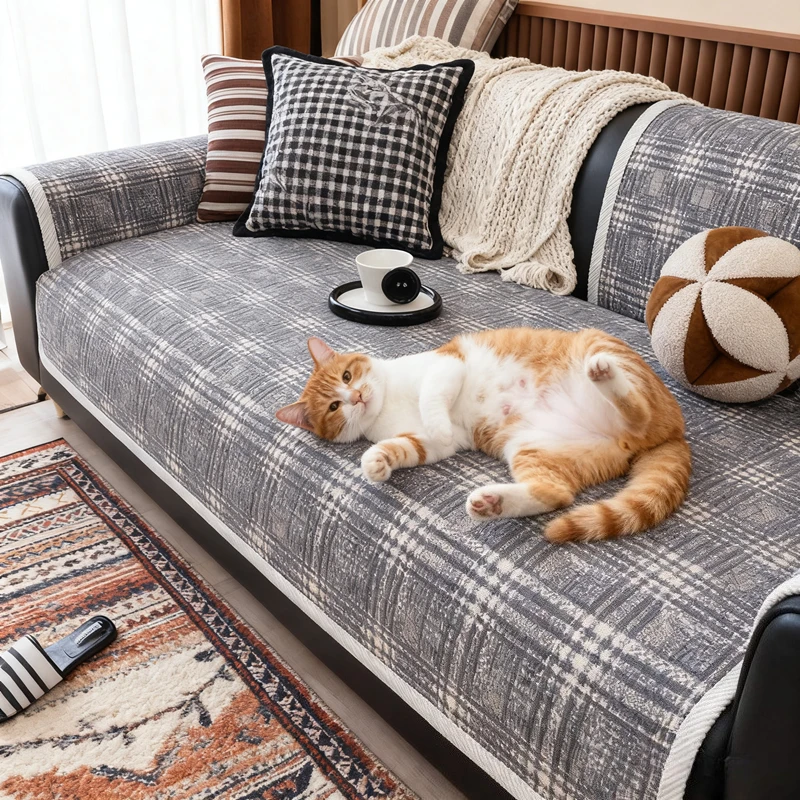 

Чехлы на диван из синели в скандинавском клетку, четырехсезонный универсальный коврик для дивана, нескользящий защитный чехол для полотенец для домашних животных, детский диван для гостиной, дома