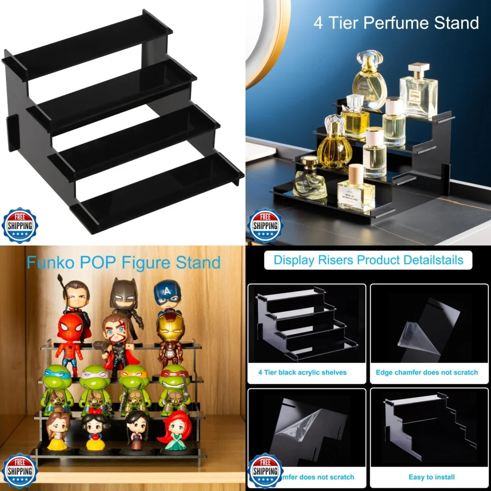 

4 Tier Black Acrylic Display Stand for Perfume Cupcake Organizer Cosmetic Storage Rack Clear Shelf Countertop Display Holder