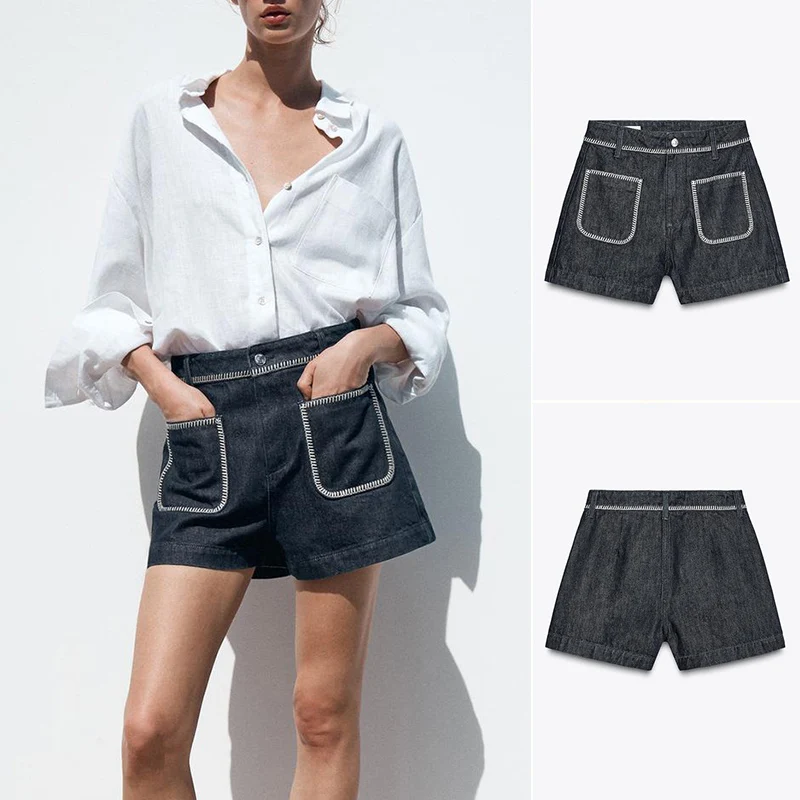 

Summer Casual Sle Zipper And Button Decor High Waist Embroidery ort Jeans Pants Loose Straight Leg Wide Leg l Waist