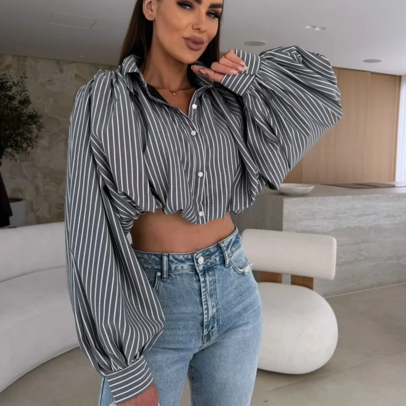 Camicie a righe da strada alla moda Camicia corta sexy da donna Crop Top Primavera Estate Manica lunga Bottone con risvolto Camicetta da donna Camicette eleganti