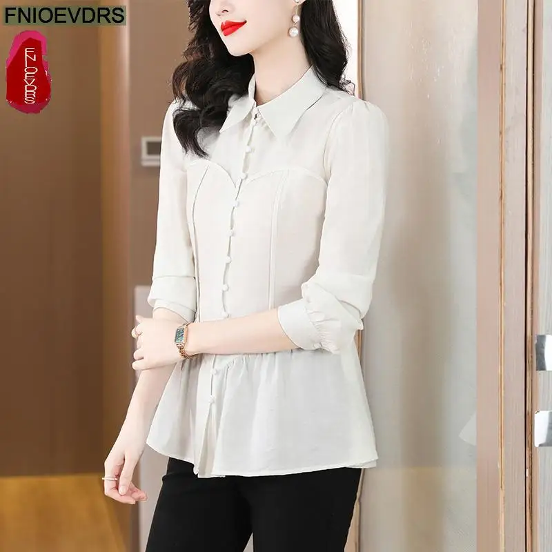 S-3XL 2023 Vrouwen Europese Stijl Kantoor Dame Werk Formele Basic Shirt Ruches Buik Tuniek Peplum Top Blouses