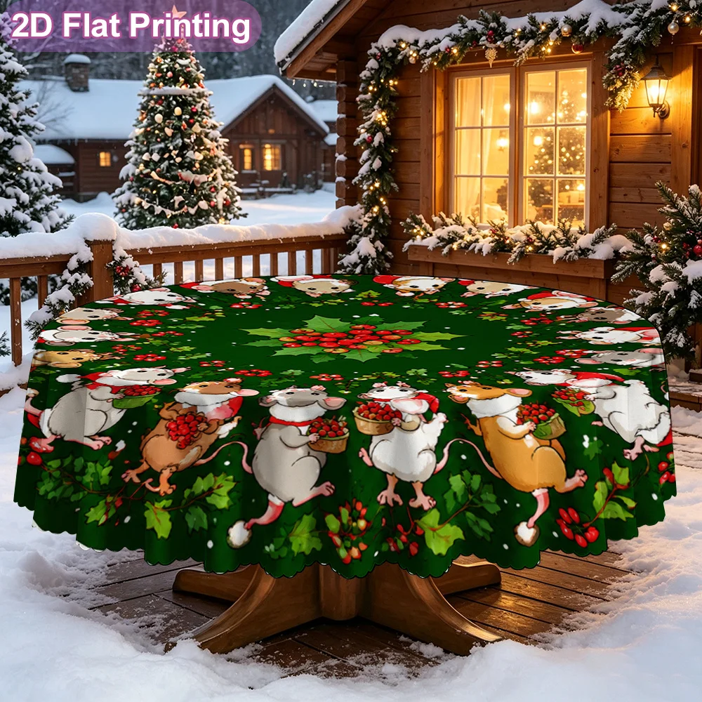 2D flat Christmas mouse berry round tablecloth single piece, unique printing, retro round tablecloth