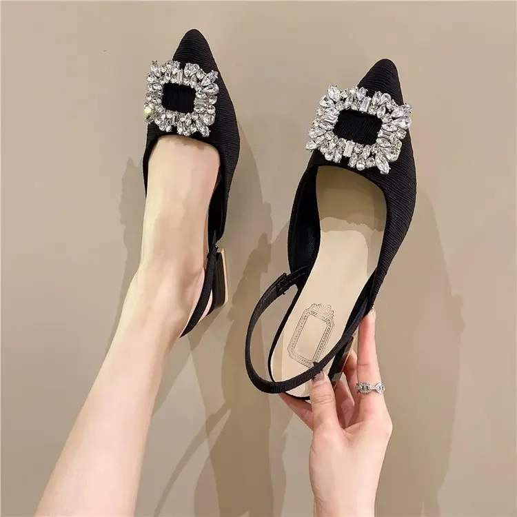 Beige Heeled Sandals Clear Shoes 2024 Women\'s Black Rhinestone Medium Pointed Closed New Spring Gladiator Block Girls