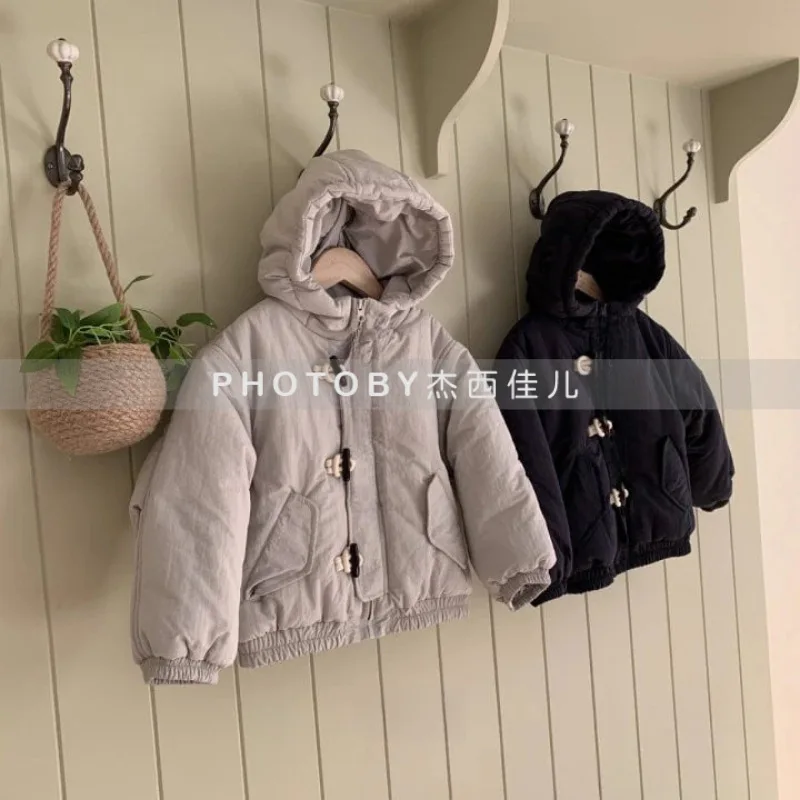 

Kids Winter Down Coats 2025 New Korean Fashion Casual Daily Simple Solid Color Hooded Zipper Cotton-padded Jackets