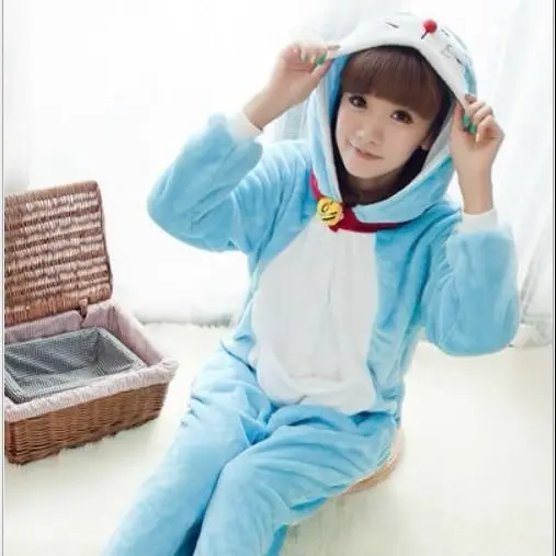Women Men Doraemon Animal Kigurumi Onesie Thick Fluffy Fleece Hooded Jumpsuit Cosplay Sleepwear, Winter Warm Home Pajama Costume