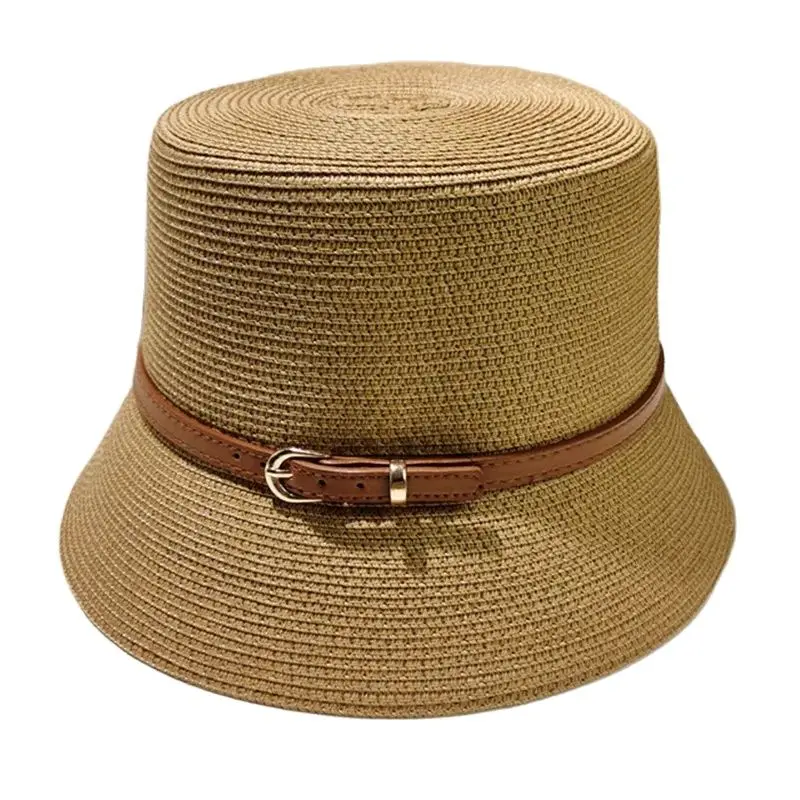 Women's Summer Bucket Hat Belt Decoration UV Protection Sun Cap Female Flat Top Beach Hat Sun Hats Straw Hat Derby Travel