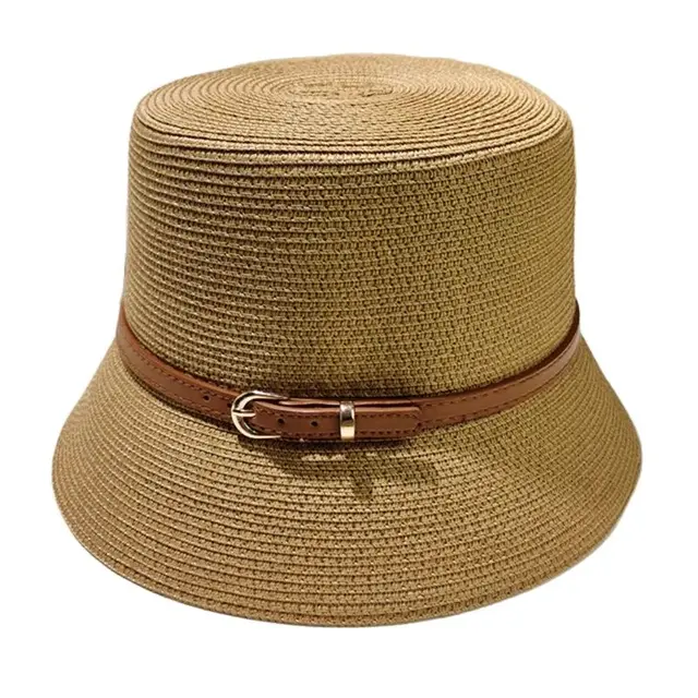 Damskie letnie kapelusz typu Bucket pasek dekoracyjny ochrona UV czapka przeciwsłoneczna damskie płasko zakończony kapelusz na plażę kapelusze przeciwsłoneczne słomkowy kapelusz Derby Travel